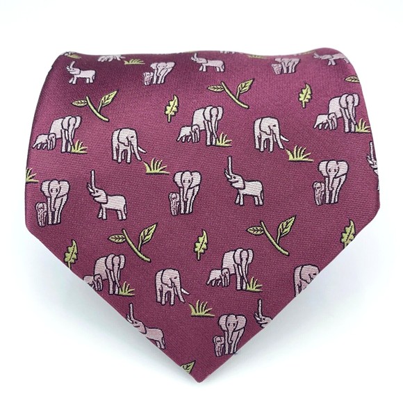 Jim Thompson Tie Mulberry Color - Elephants with Baby Animal Leaf Necktie - Picture 1 of 11